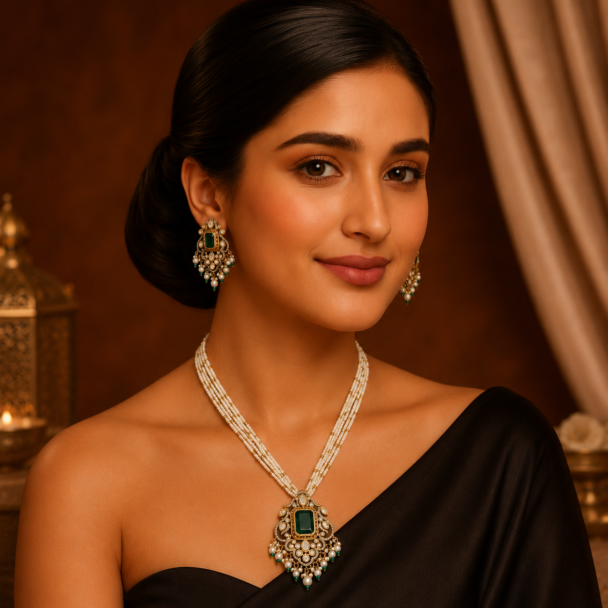 Model wearing Aarivya emerald-green necklace set with matching traditional earrings