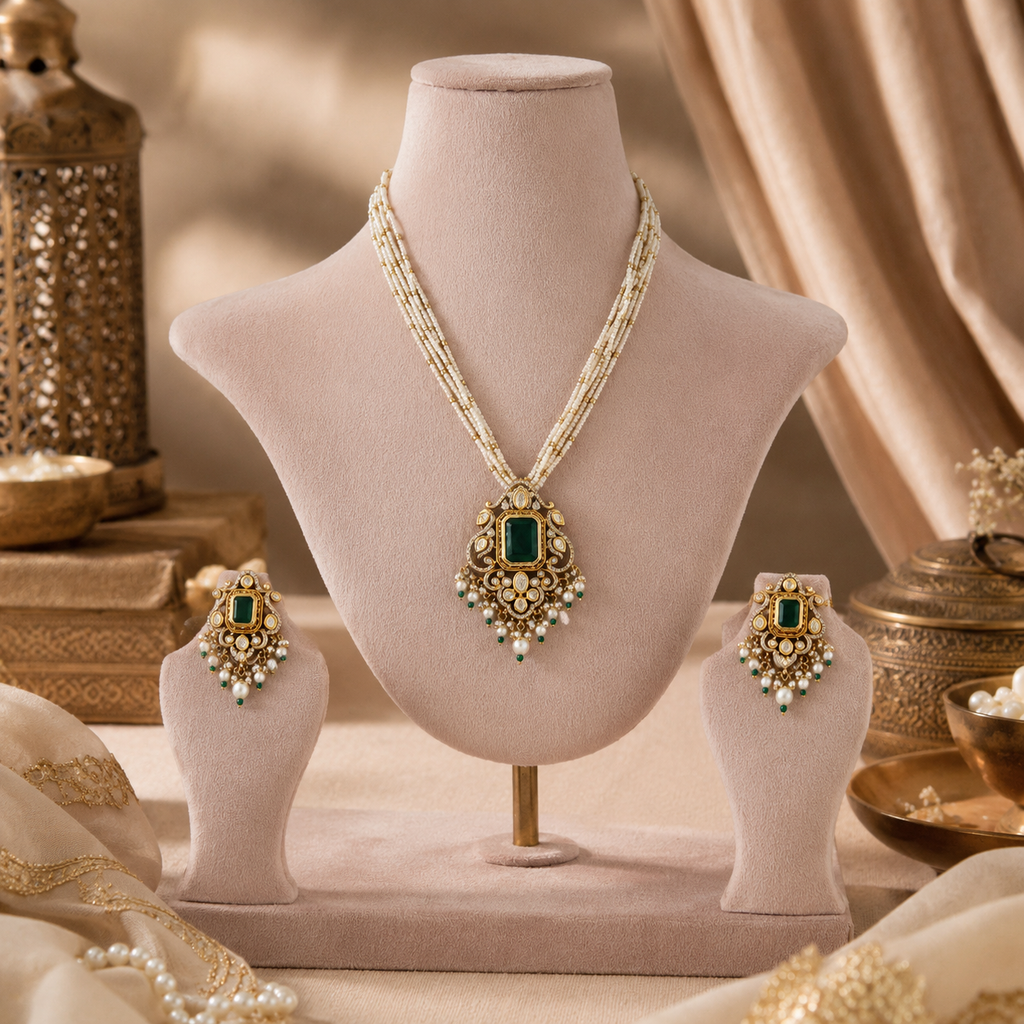 Green imitation necklace set with ornate pendant, pearl-look drops and matching earrings