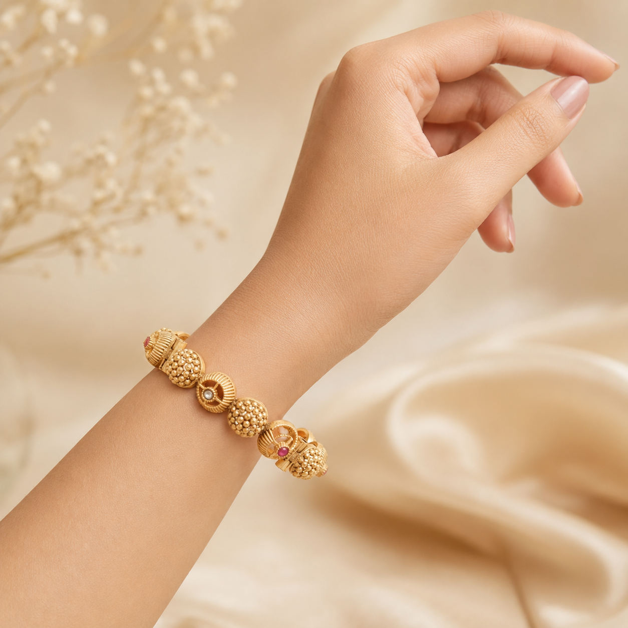 Woman wearing one Aarohi antique gold textured bangle on her wrist