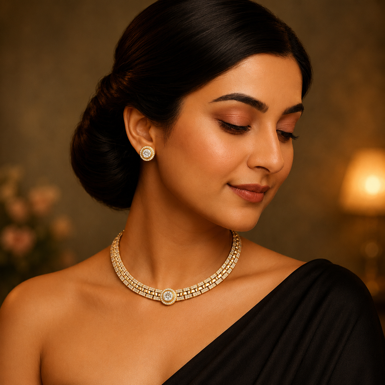 Aarohi Gold Halo Diamond Necklace Set close-up with matching earrings