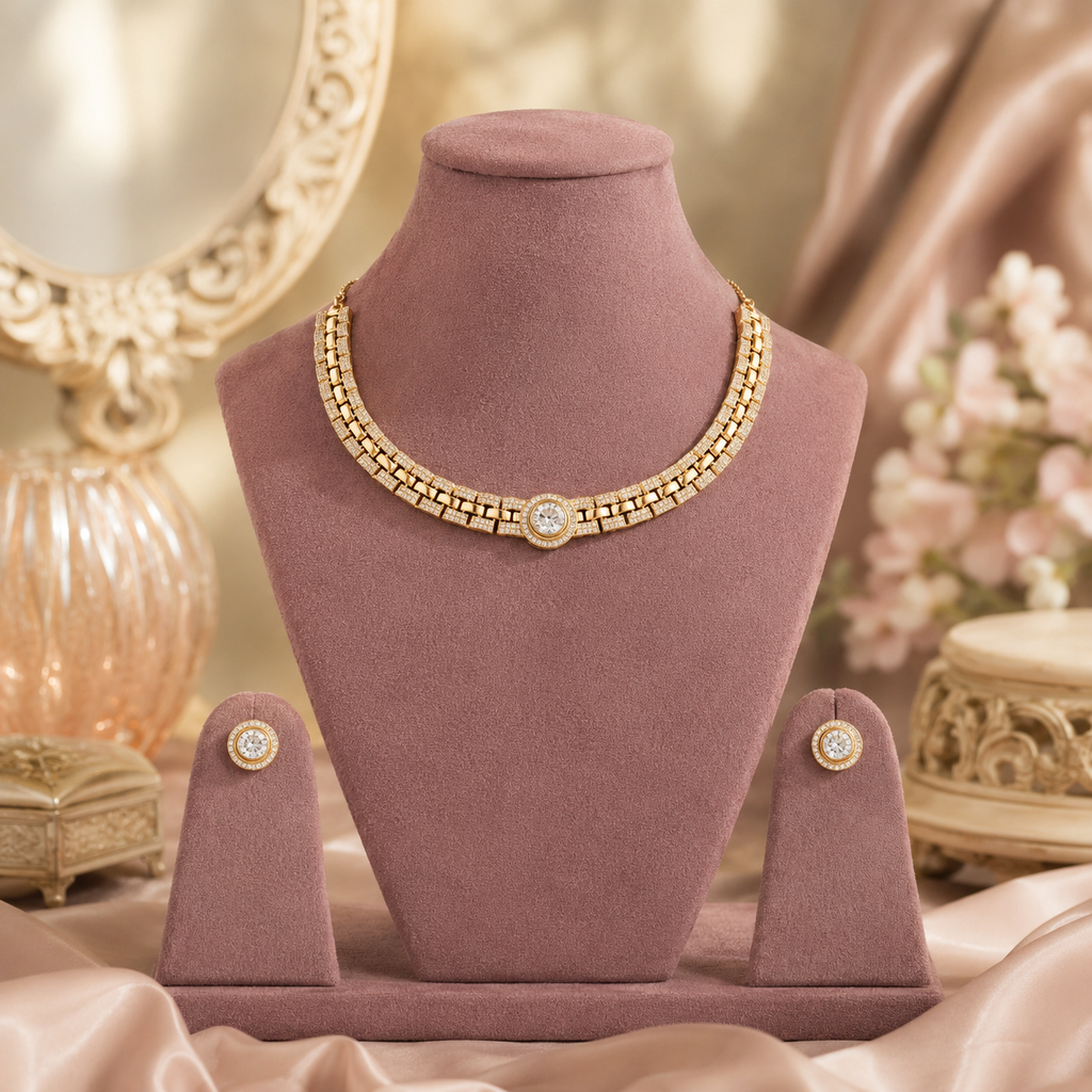 Aarohi Gold Halo Diamond Necklace Set by Zoi Craft