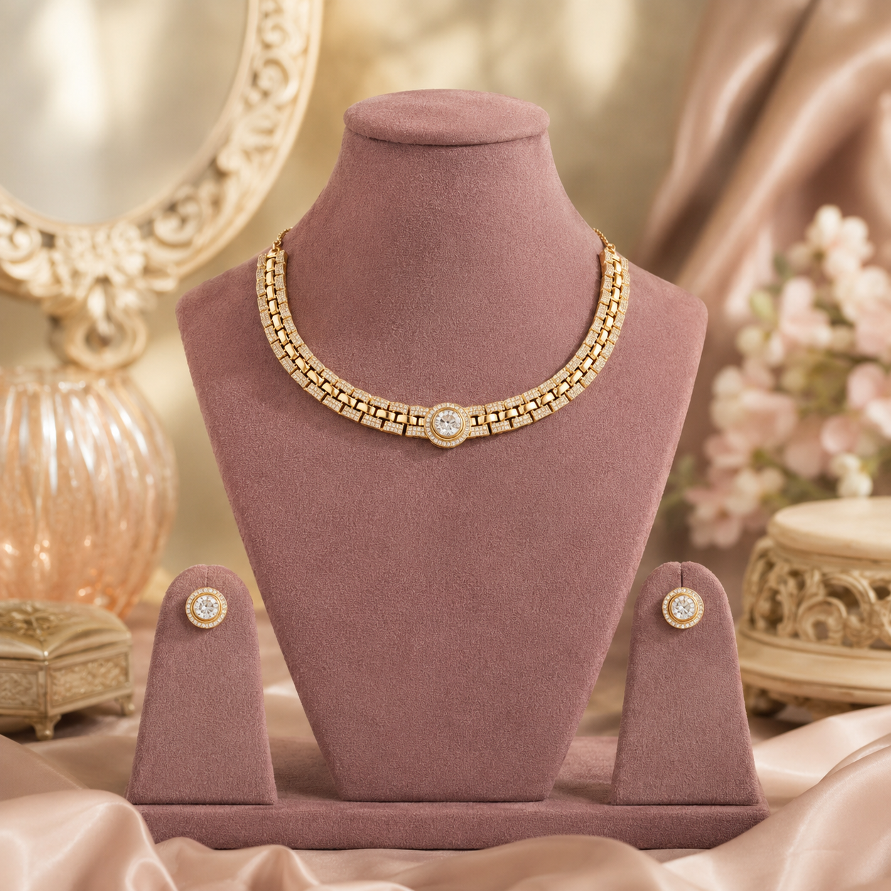 Aarohi Gold Halo Diamond Necklace Set by Zoi Craft