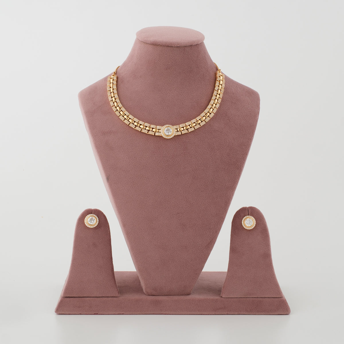 Aarohi Gold Halo Diamond Necklace Set front view