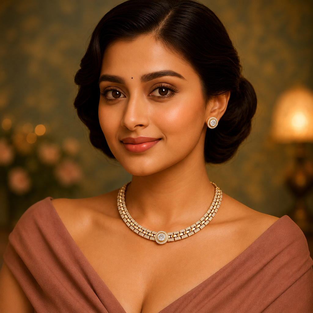 Aarohi Gold Halo Diamond Necklace Set on model