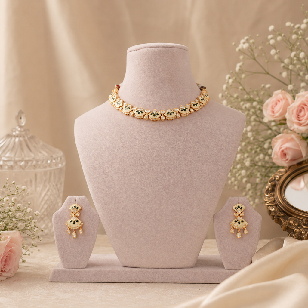 Aarohi Green Meenakari Pearl Diamond Necklace Set with earrings