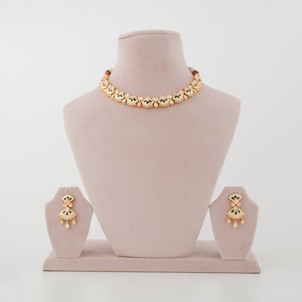 Aarohi Green Meenakari Pearl Diamond Necklace Set front view