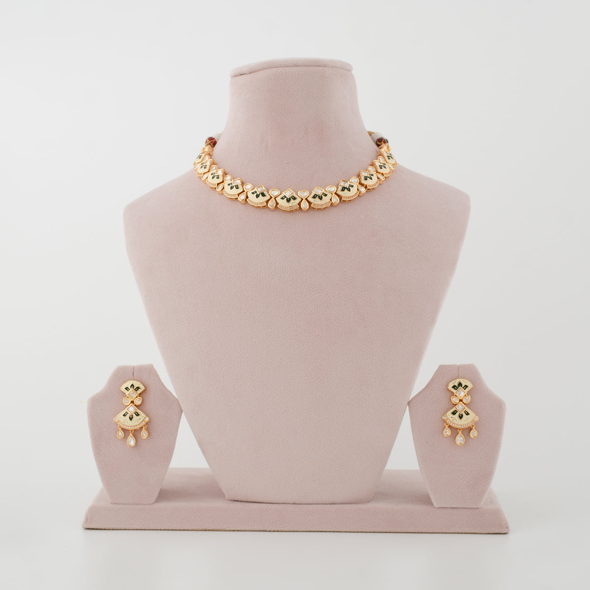 Aarohi Green Meenakari Pearl Diamond Necklace Set front view