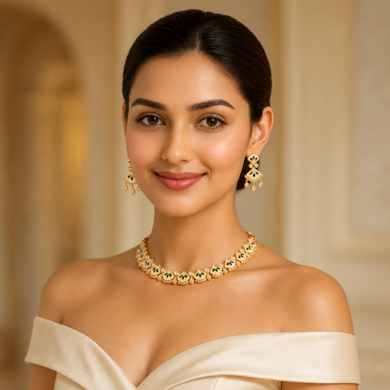 Aarohi Green Meenakari Pearl Diamond Necklace Set on model