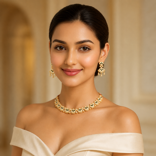 Aarohi Green Meenakari Pearl Diamond Necklace Set on model