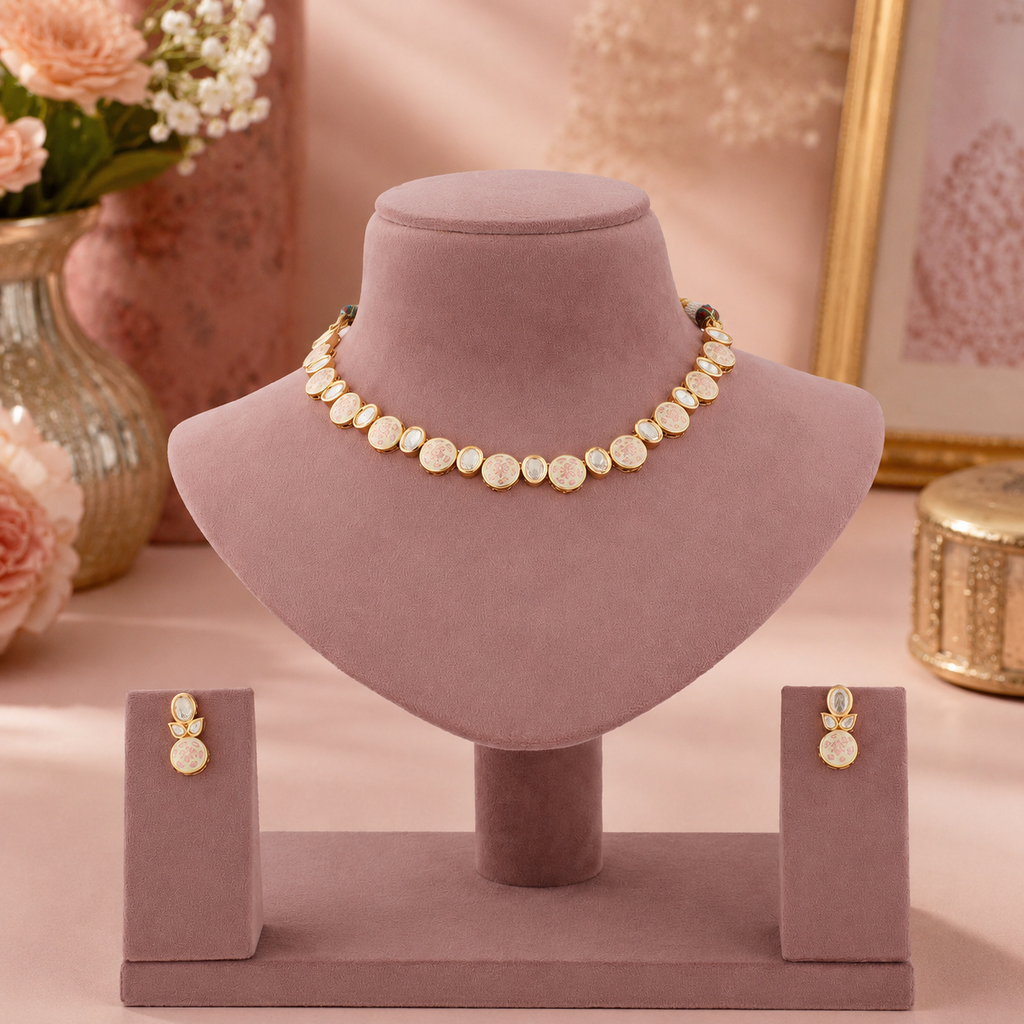 Aarohi Red Meenakari Diamond Choker Set with matching earrings