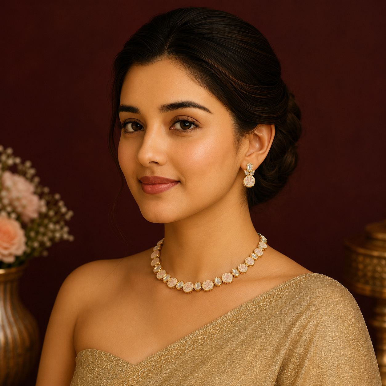 Aarohi Red Meenakari Diamond Choker Necklace Set on model