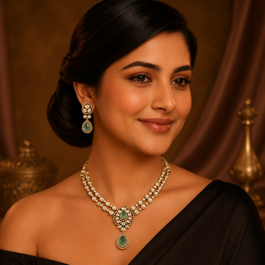 Model wearing Aarshiya gold mint bridal necklace set with diamond-look stones