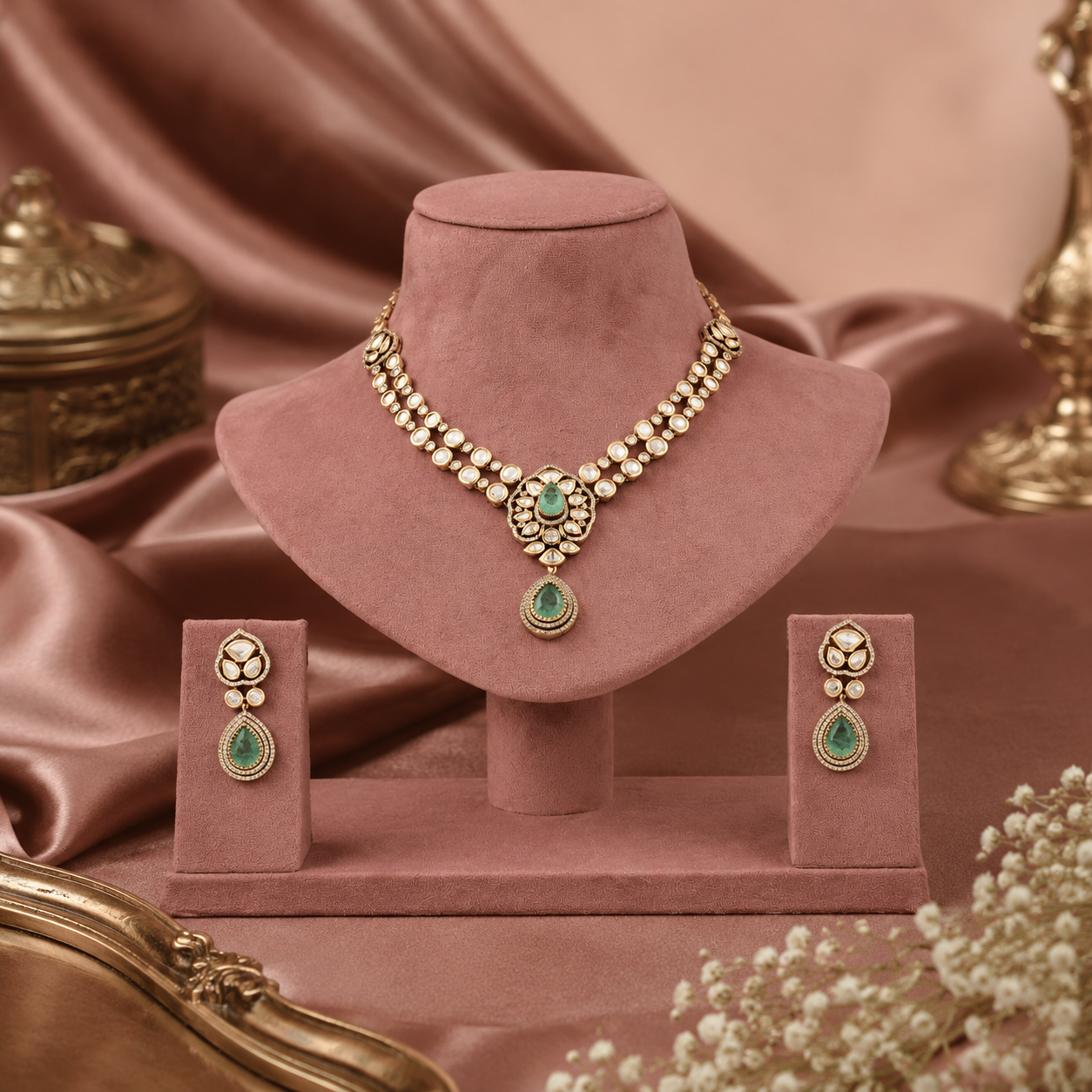 Gold-tone imitation necklace set with clear stones, mint teardrop accents and matching earrings