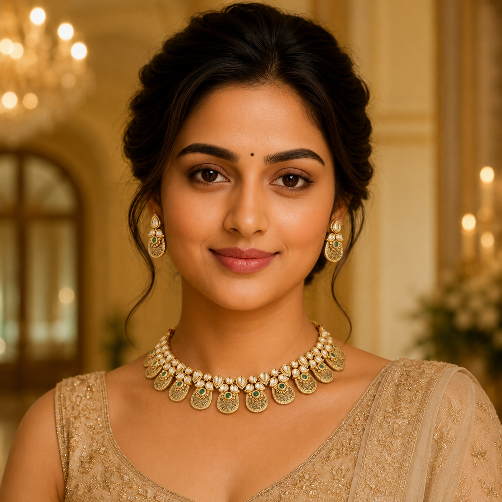 Model wearing Aarunya antique gold bridal necklace set with clear stones and green accents