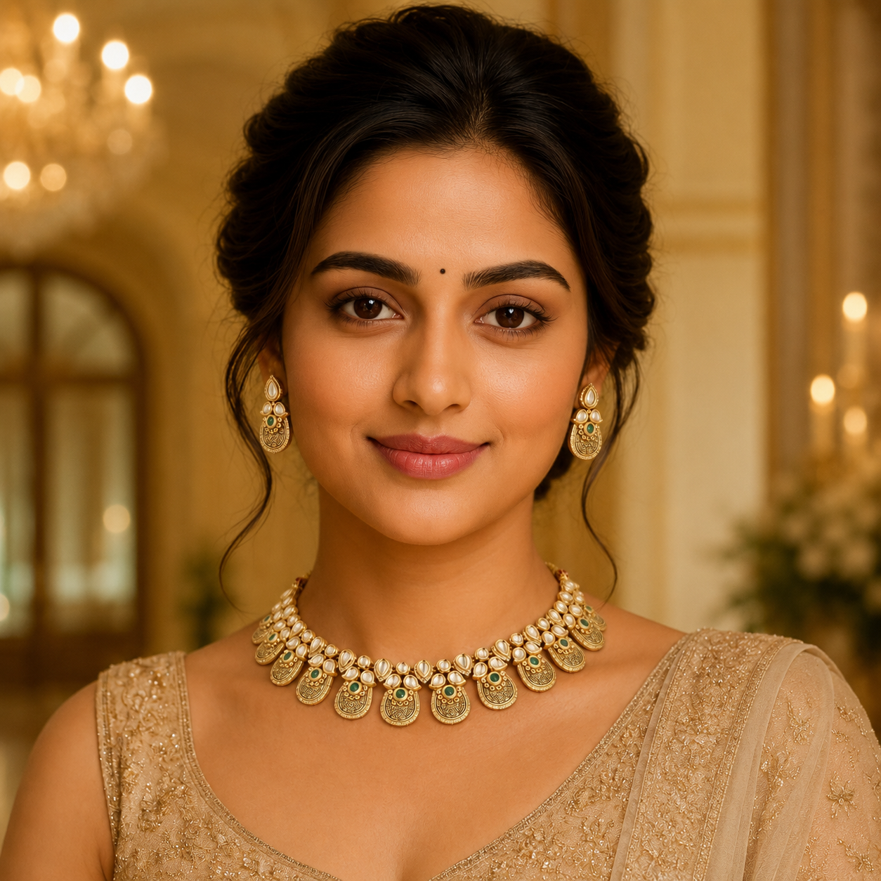 Model wearing Aarunya antique gold bridal necklace set with clear stones and green accents