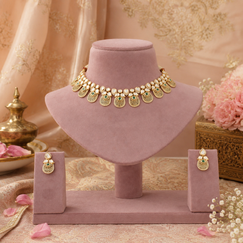 Antique gold-tone imitation necklace set with engraved medallion drops and matching earrings