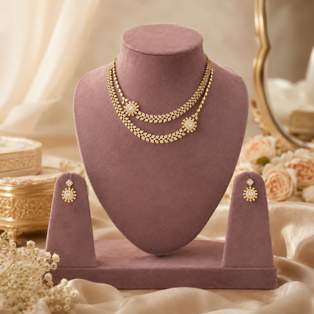 Aarvika Diamond Layer Necklace Set with diamond-look stones for wedding and party wear