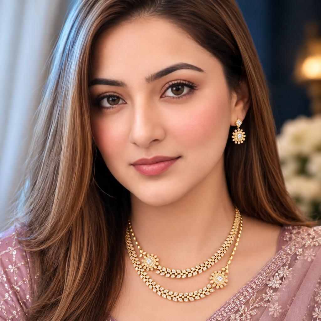 Aarvika Diamond Layer Necklace Set on model with matching earrings