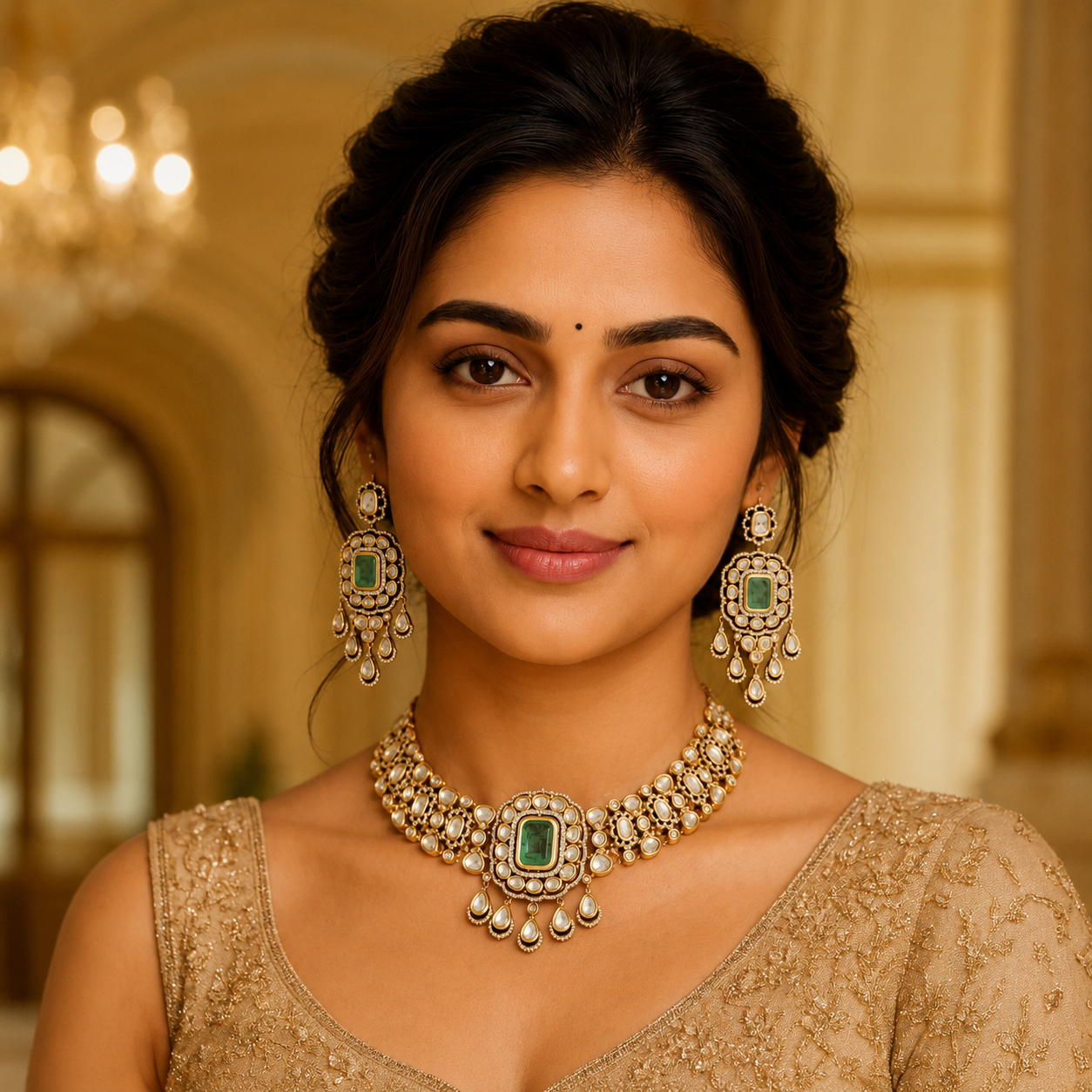 Model wearing Aarvika mint-green choker necklace set with statement earrings