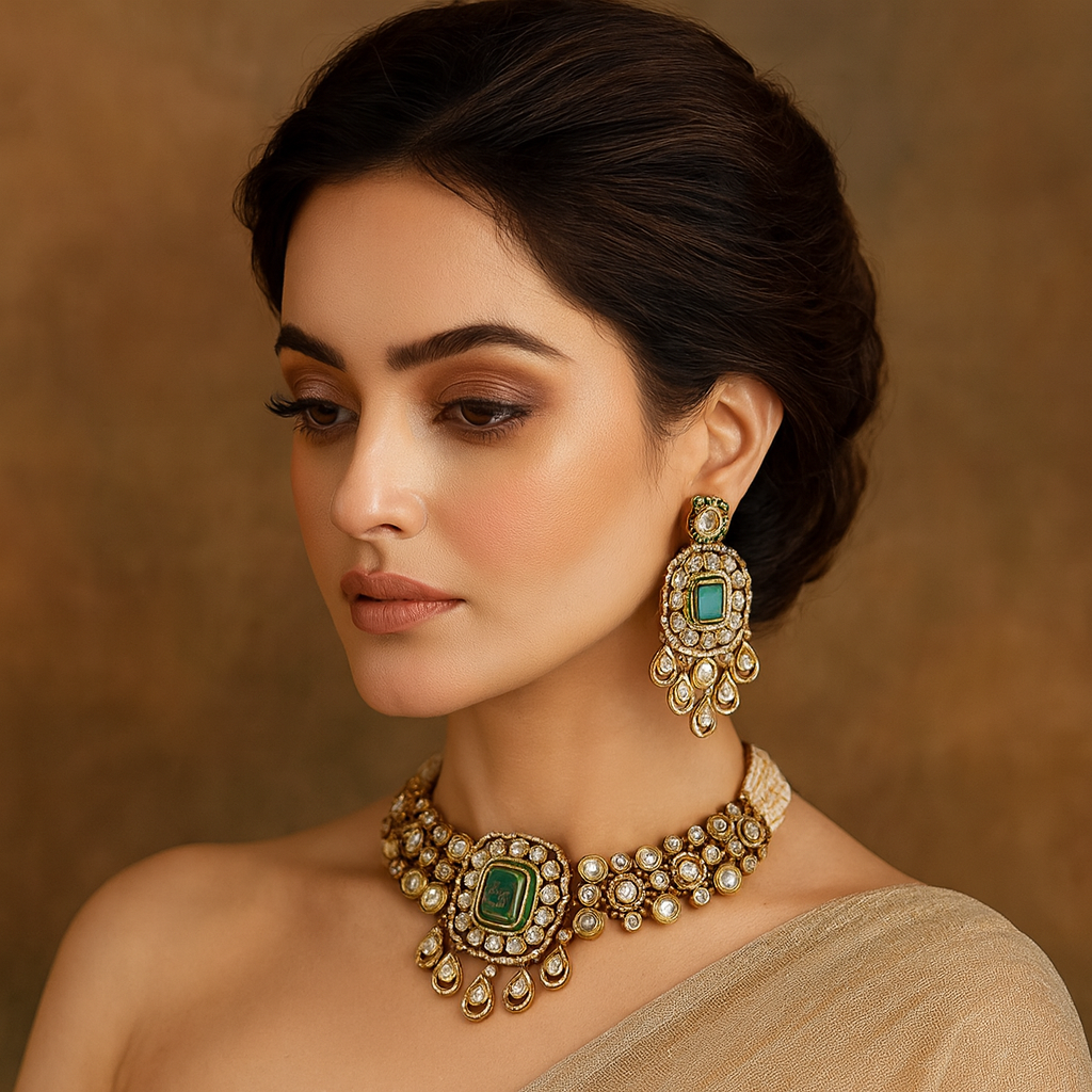 Aarvika mint choker and matching earrings styled for a wedding occasion