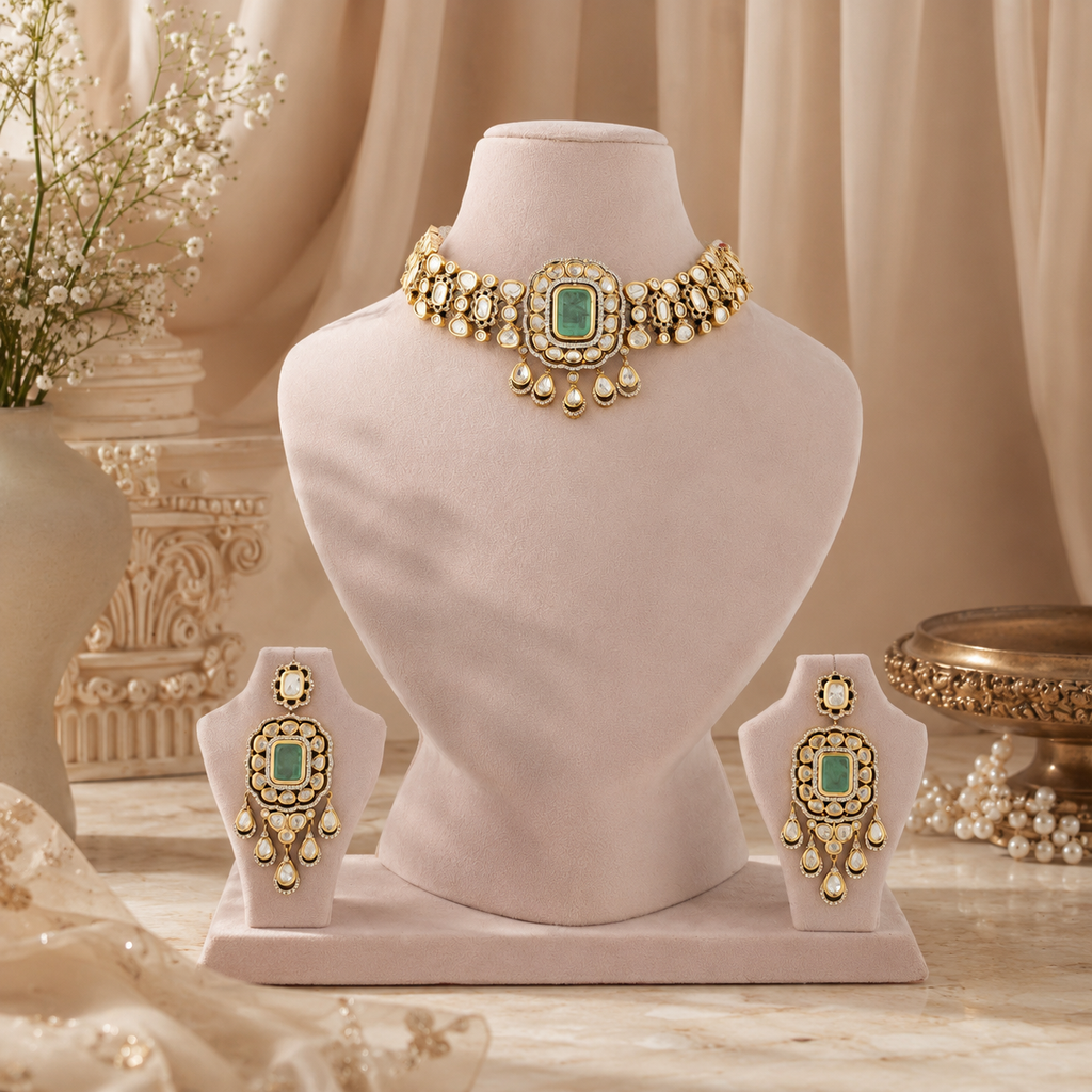 Mint-green imitation choker set with rectangular centrepiece and teardrop drops