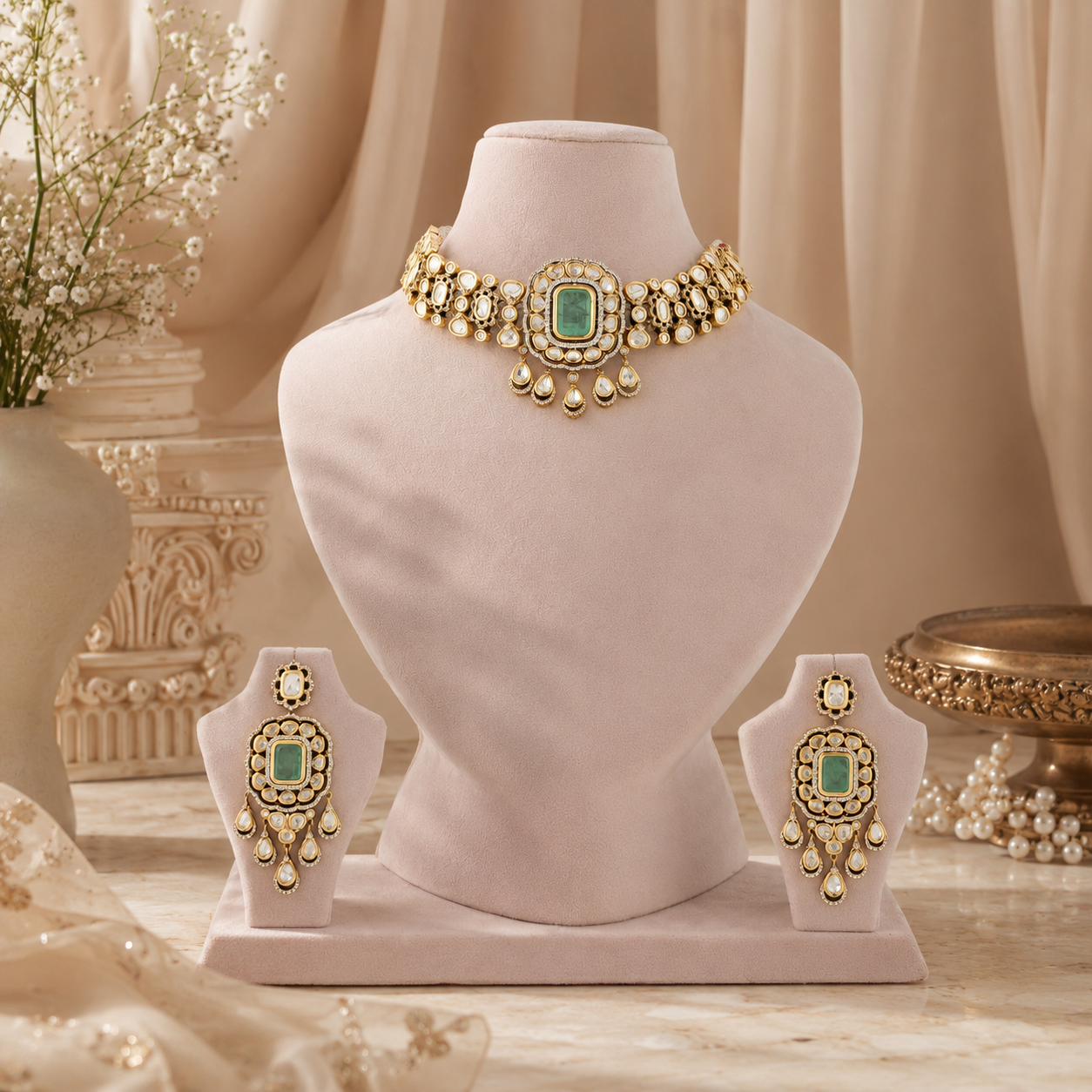 Mint-green imitation choker set with rectangular centrepiece and teardrop drops