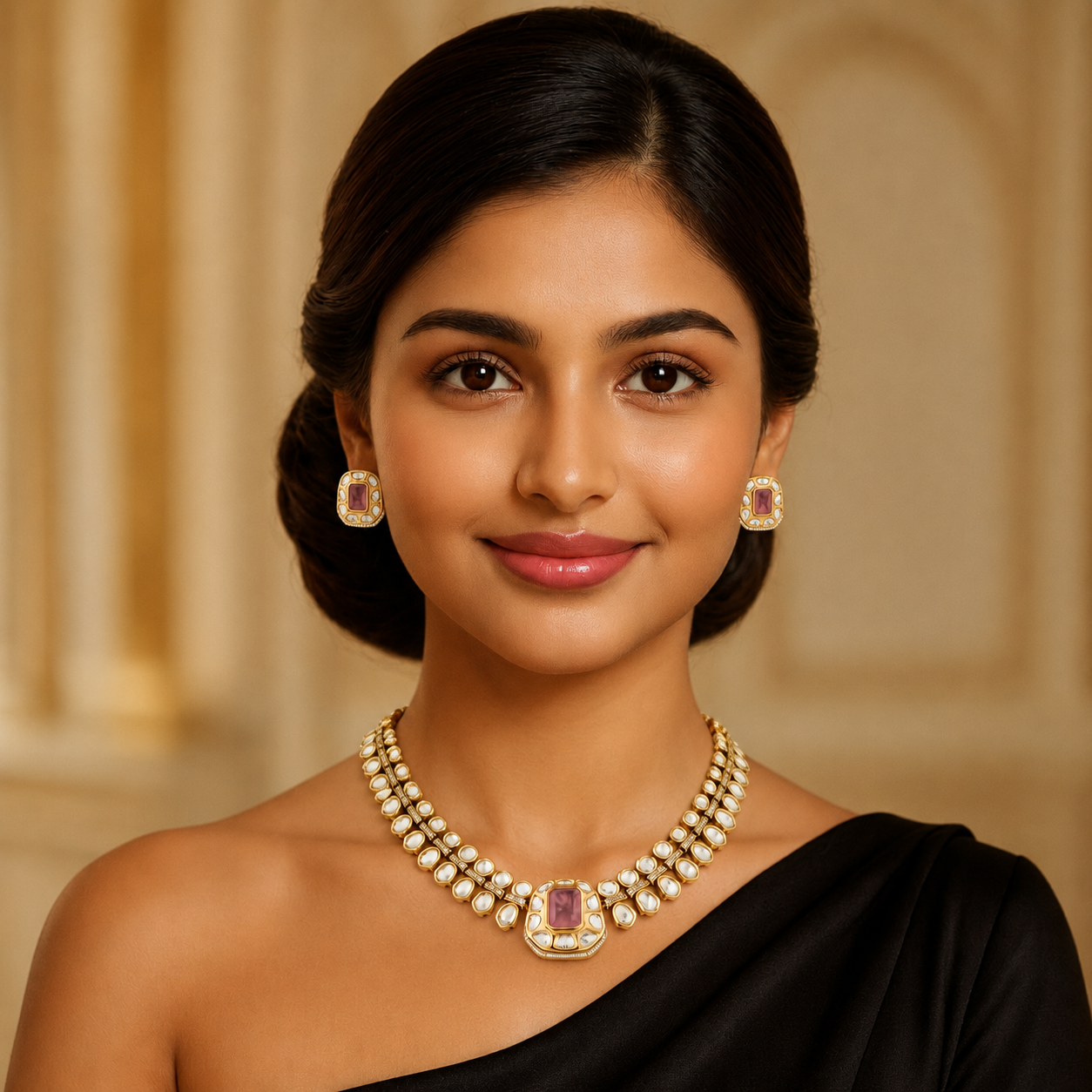 Model wearing Aavira blush gold bridal necklace set with diamond-look stones