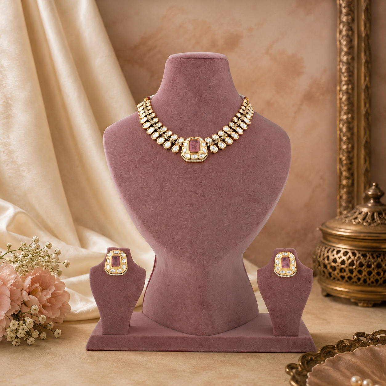 Gold-tone imitation necklace set with blush-pink centrepiece and clear stone detailing