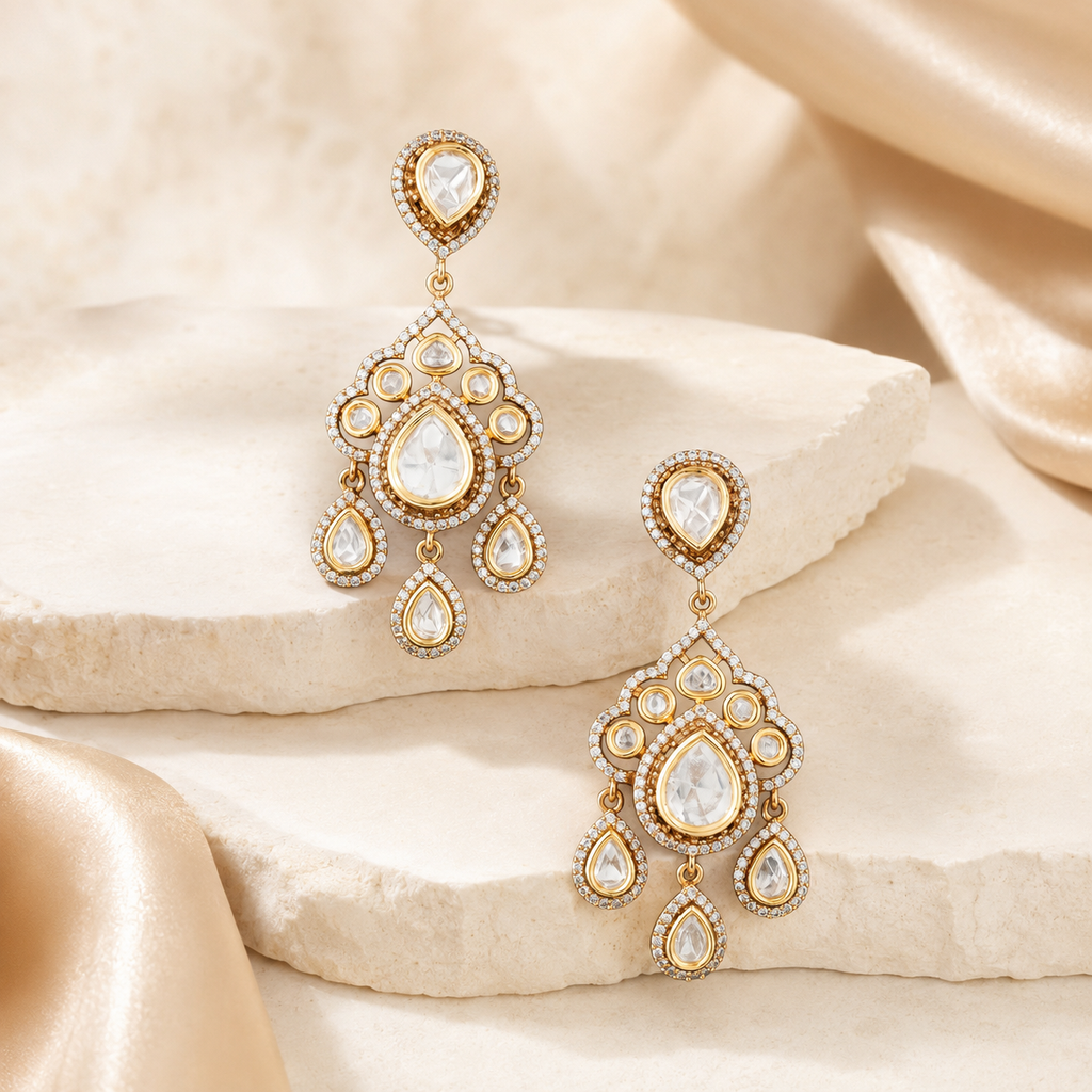 Advika gold-finish Kundan chandelier earrings displayed on an ivory and champagne luxury background