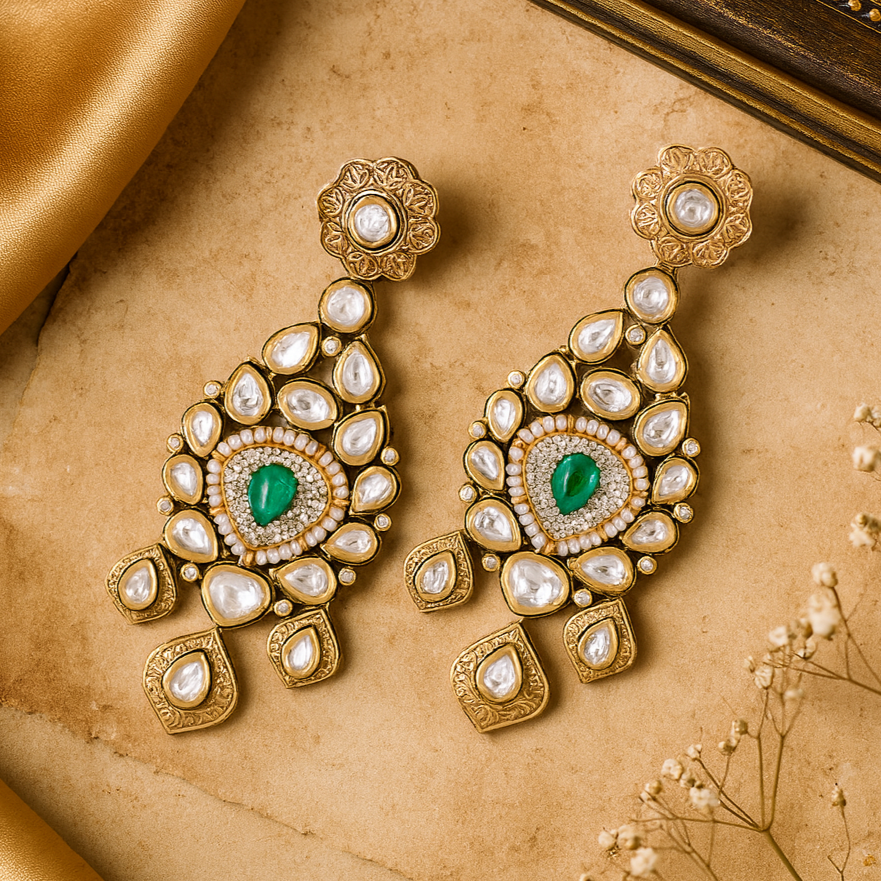 Ornate gold earrings with green gemstones on a textured surface