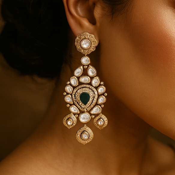 Woman wearing a pair of ornate earrings with a warm, brown background