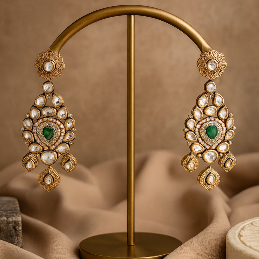 Ornate gold earrings with green gemstones on a gold stand against a beige background