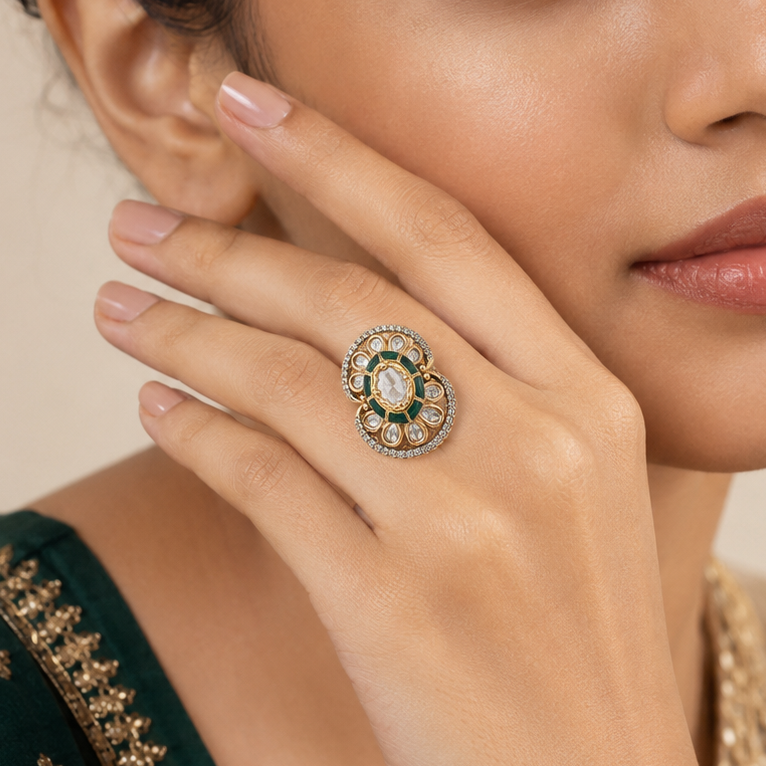 Anvika double-floral cocktail ring styled on a woman’s hand