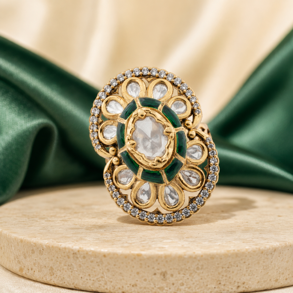 Anvika gold-finish Kundan-look ring on an elegant product display