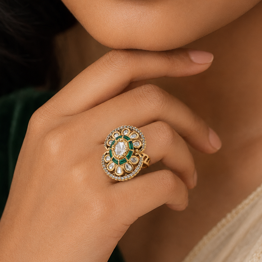 Woman wearing the Anvika green enamel Kundan-look statement ring
