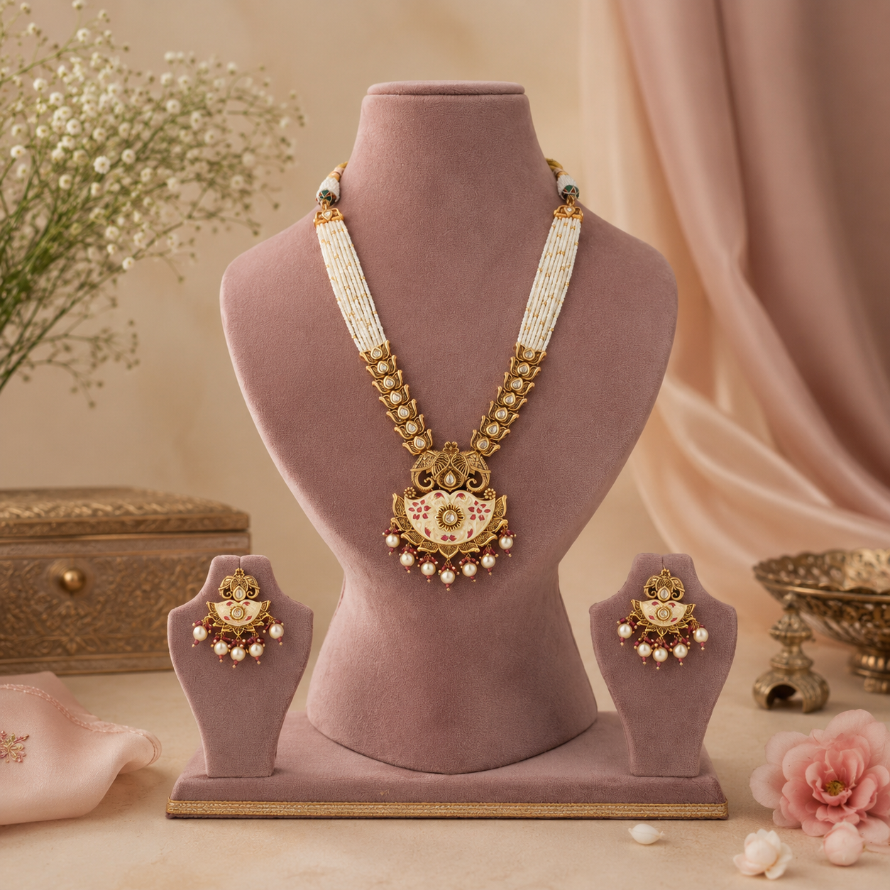 Traditional ivory and red meenakari necklace with white moti strands and pearl drops