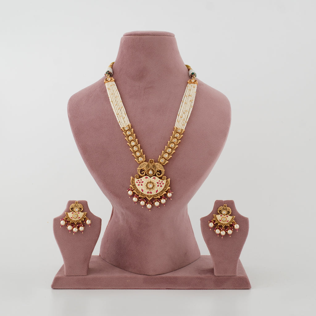 Arunima red meenakari long moti haar necklace set with matching earrings