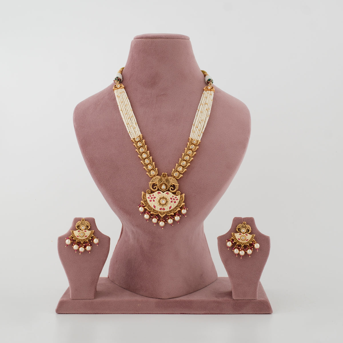 Arunima red meenakari long moti haar necklace set with matching earrings