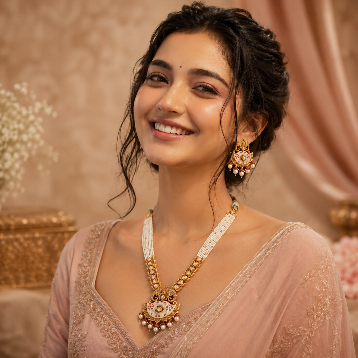 Model wearing long red meenakari moti haar necklace and matching pearl earrings