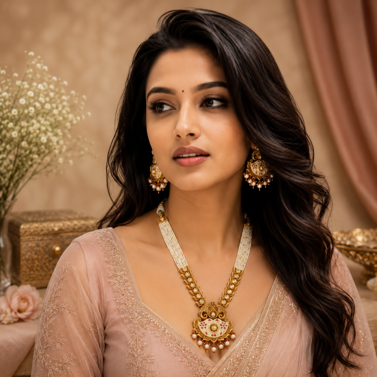 Traditional Indian long necklace with floral meenakari pendant, Kundan stones and pearls