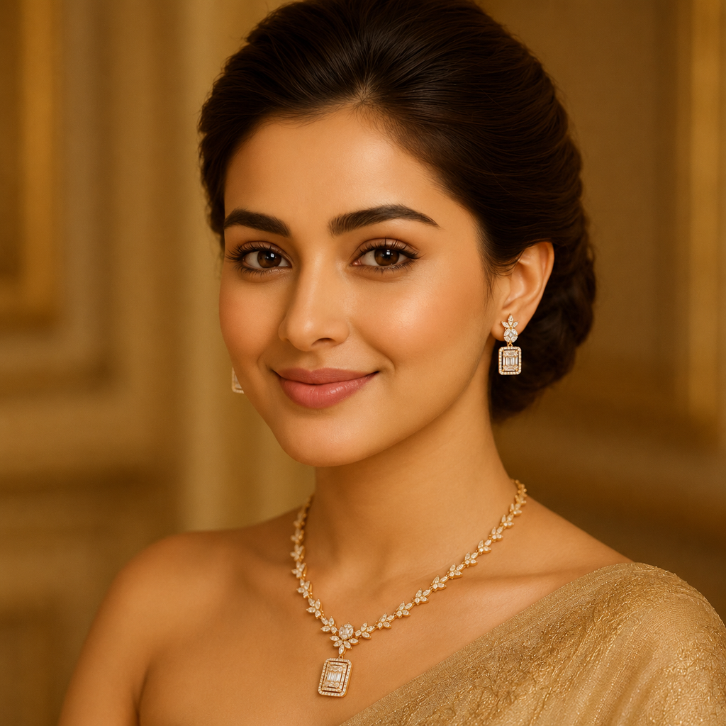 Aurelia delicate gold-tone necklace set worn with an elegant gold saree