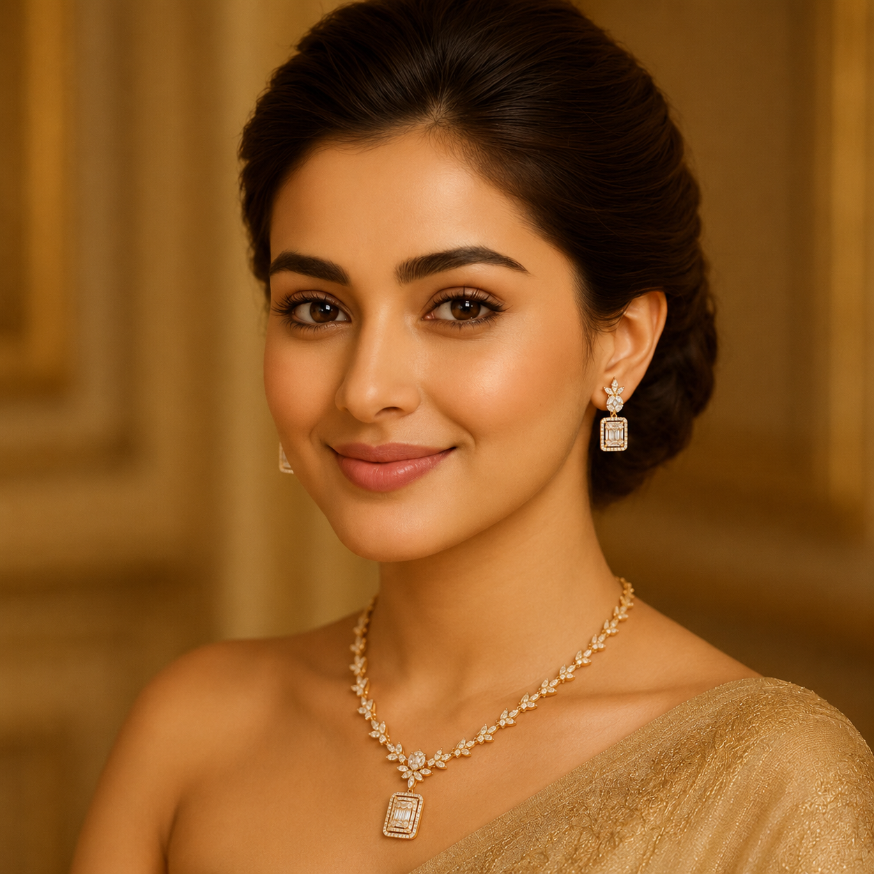 Aurelia delicate gold-tone necklace set worn with an elegant gold saree