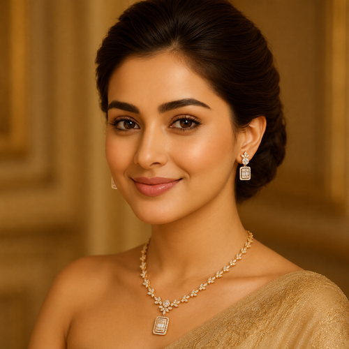Aurelia delicate gold-tone necklace set worn with an elegant gold saree