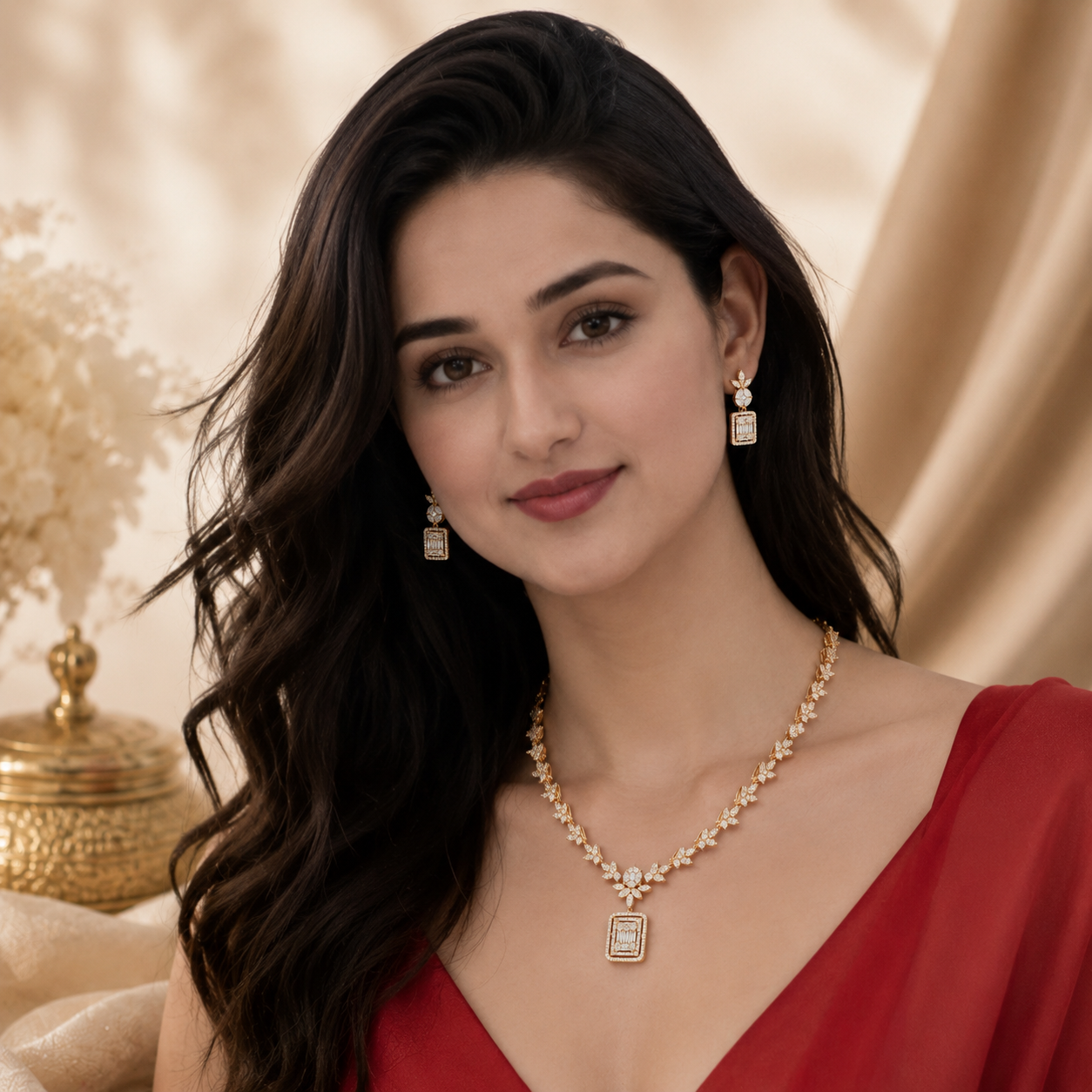 Aurelia diamond-look necklace and rectangular drop earrings worn with a red outfit