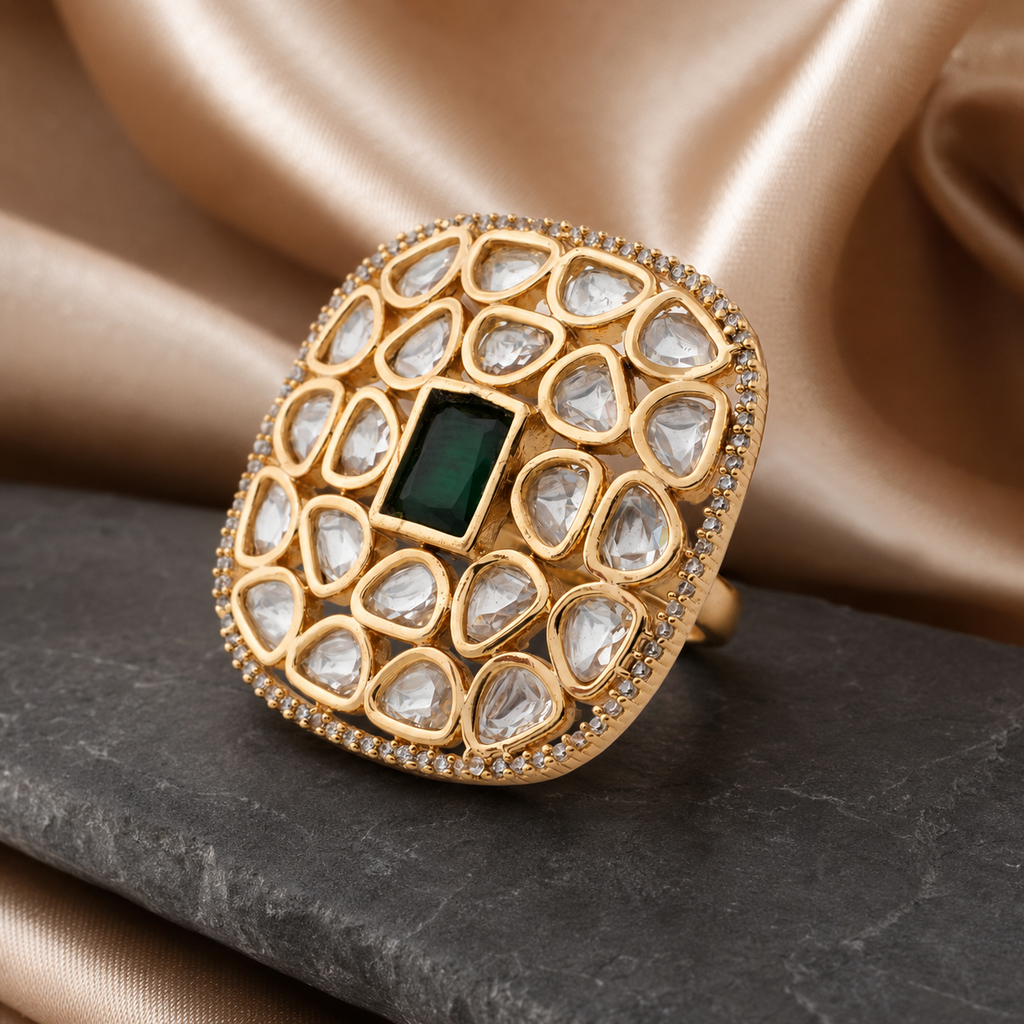 Avni clear-stone statement ring displayed on a dark luxury surface