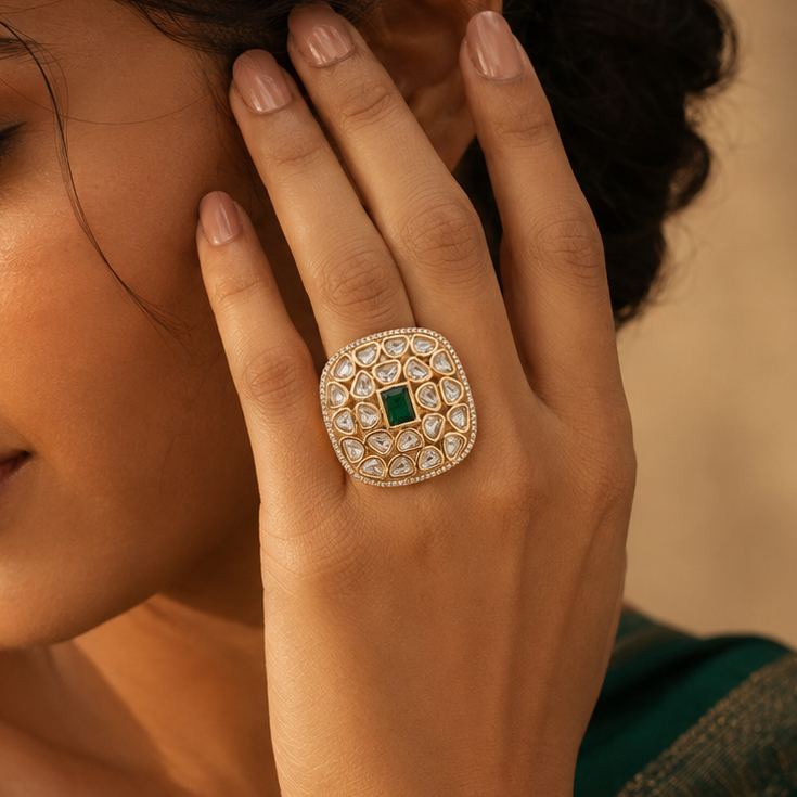 Woman styling a gold-tone statement ring with a deep-green centre stone