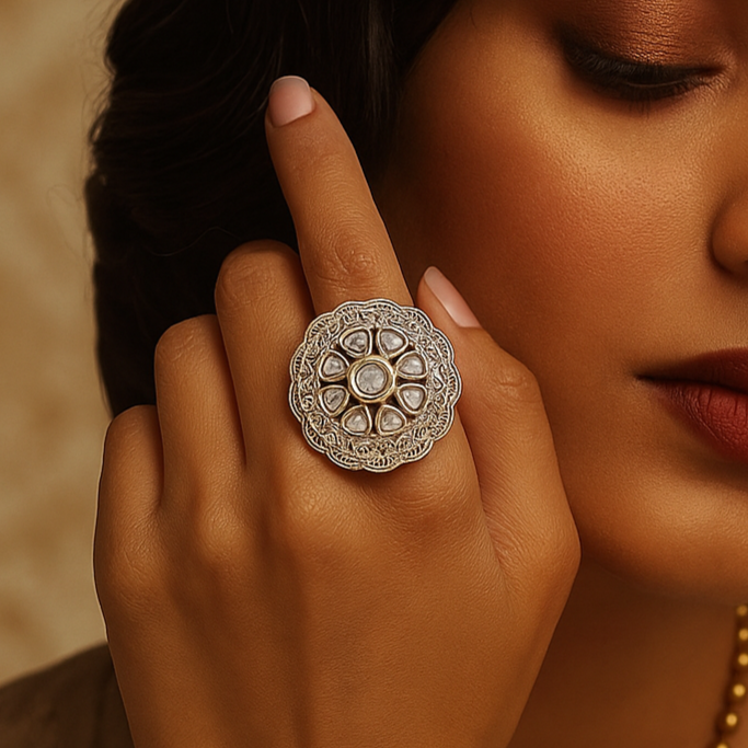 carved ring with polki dia