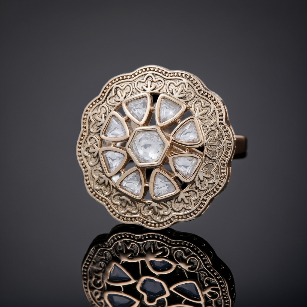 carved ring with polki dia