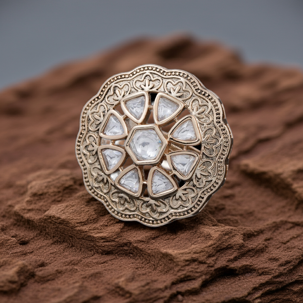 carved ring with polki dia