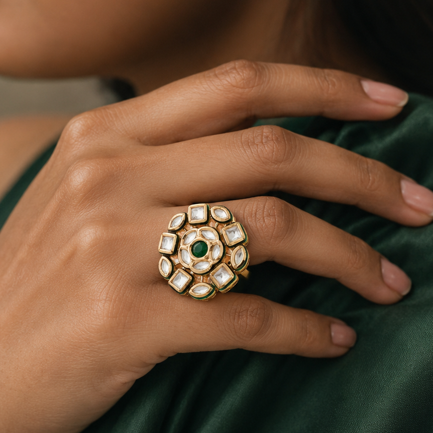 Woman wearing Charvi gold-finish Kundan-look finger ring